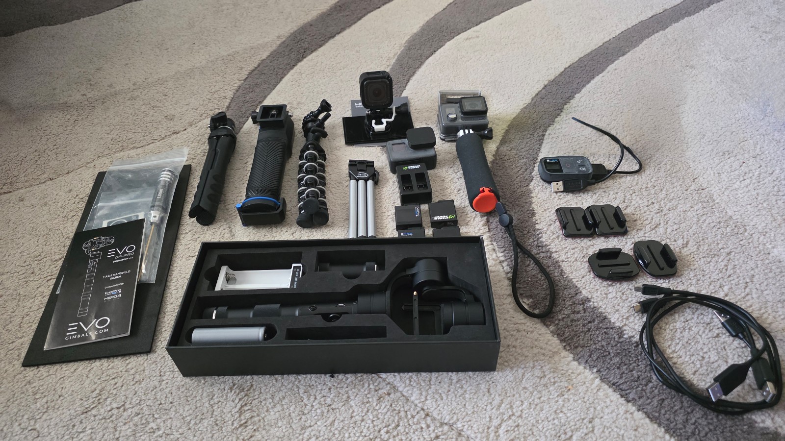 3 Gopro Cameras with Gimbal, Remote,  Spare Batteries, Grips, and Accessories