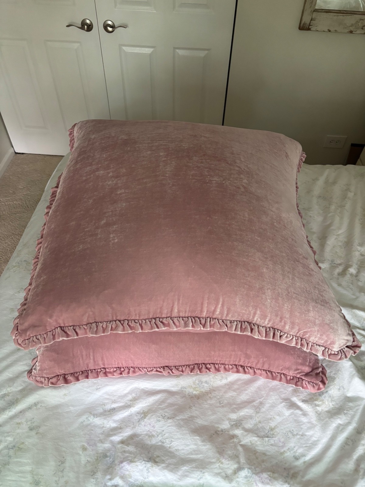 Rachel Ashwell Shabby Chic Couture PAIR Dusty Rose Velvet Mini Ruffle Euro Shams