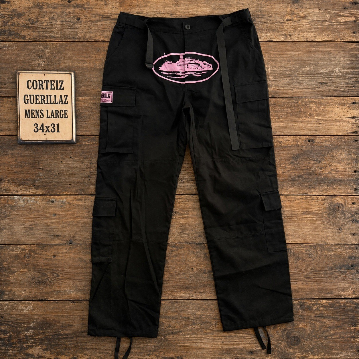 Corteiz Guerillaz Alcatraz Black Pink Ripstop Cargo Pants Mens Large 34x31 NWT