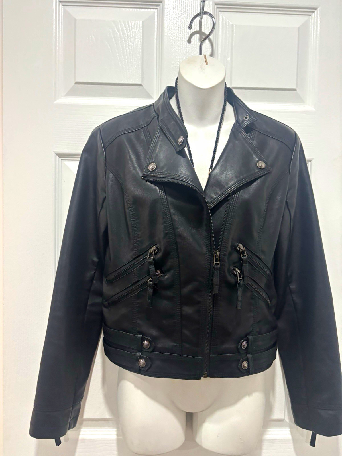 Tanming Women\'s Black Moto Biker Jacket Zip Collared Pockets Size S Tanming Women\'s Black Moto Biker Jacket Zip Collared Pockets Size S