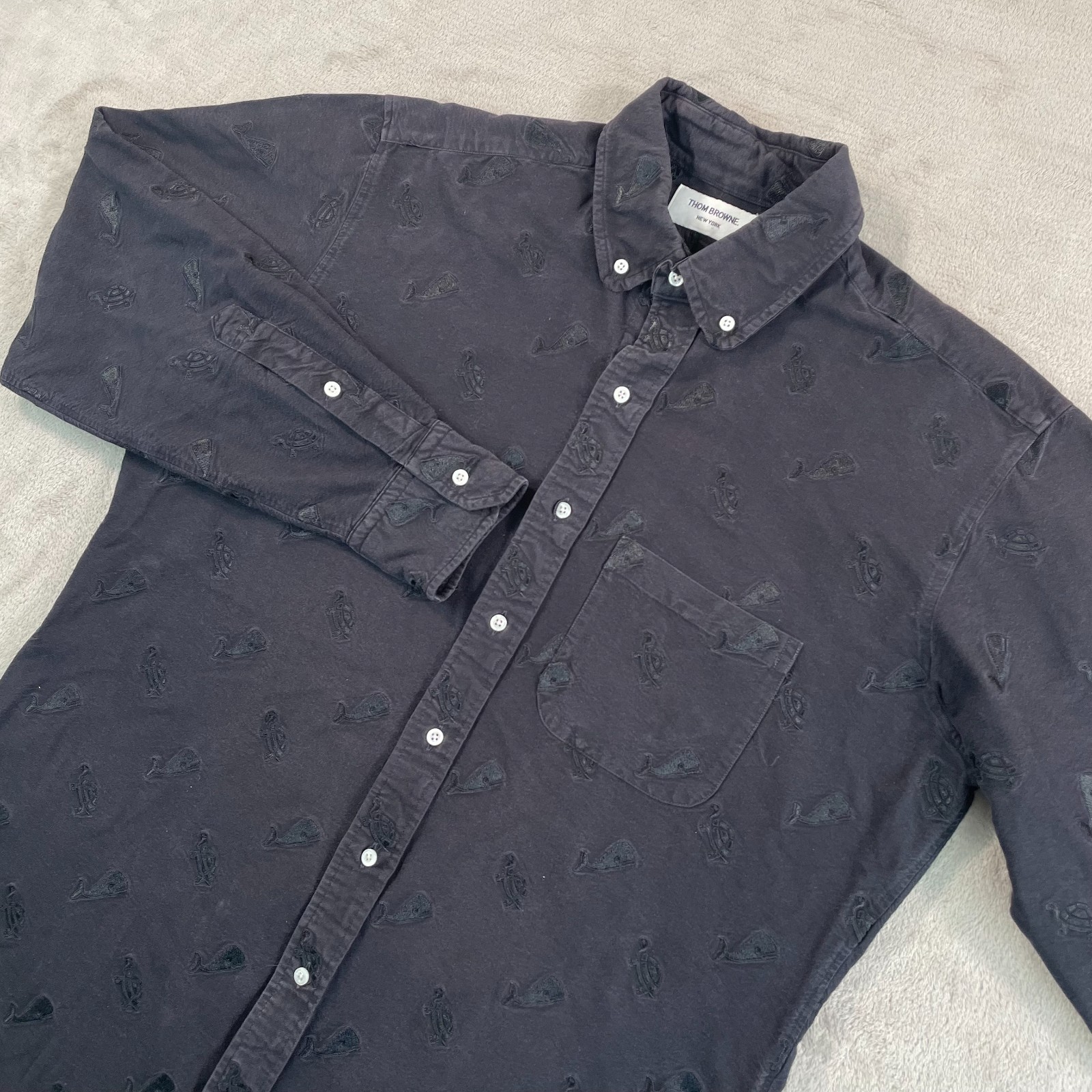 Thom Browne Whale & Turtle Embroidery Shirt Men 2XL 5 Black Designer USA $795