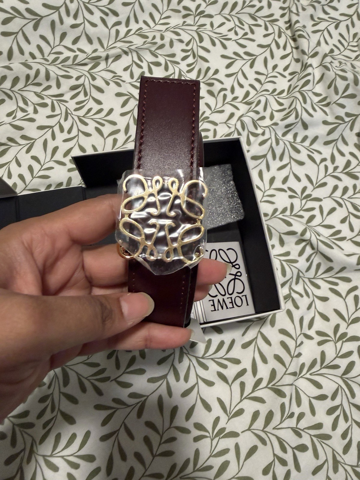 Loewe Women’s Burgundy Fashion Belt Gold Logo Buckle Adjustable Size 76