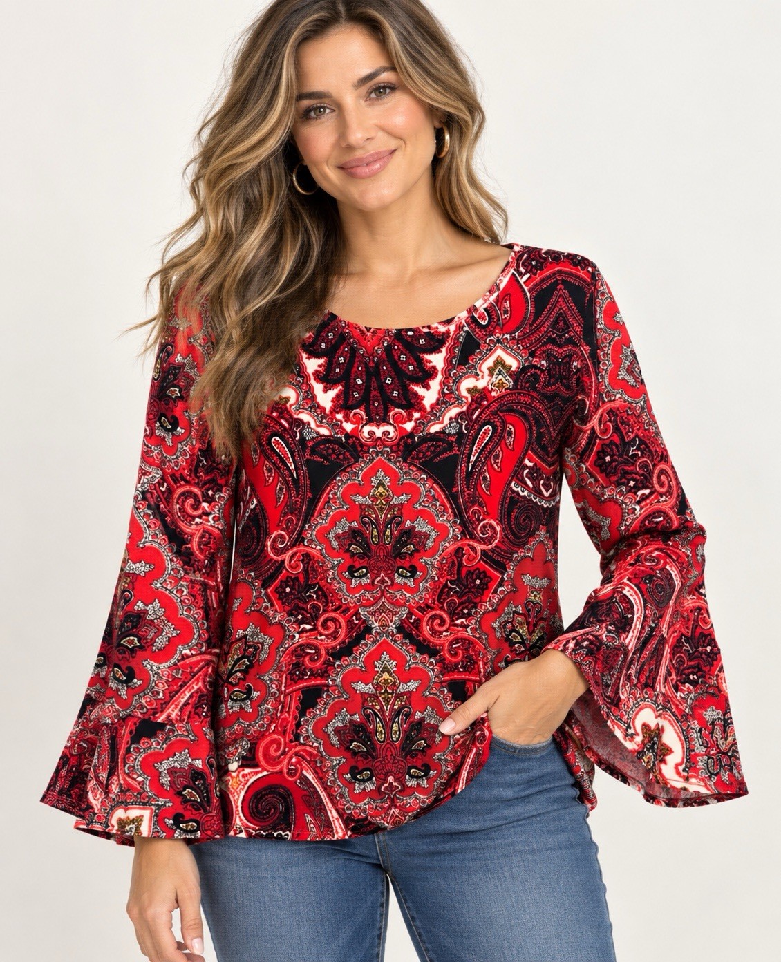 Chicos Red Paisley Boho Top Size 2/Large Bell Sleeves Velour Festival Holiday Chicos Red Paisley Boho Top Size 2/Large Bell Sleeves Velour Festival Holiday