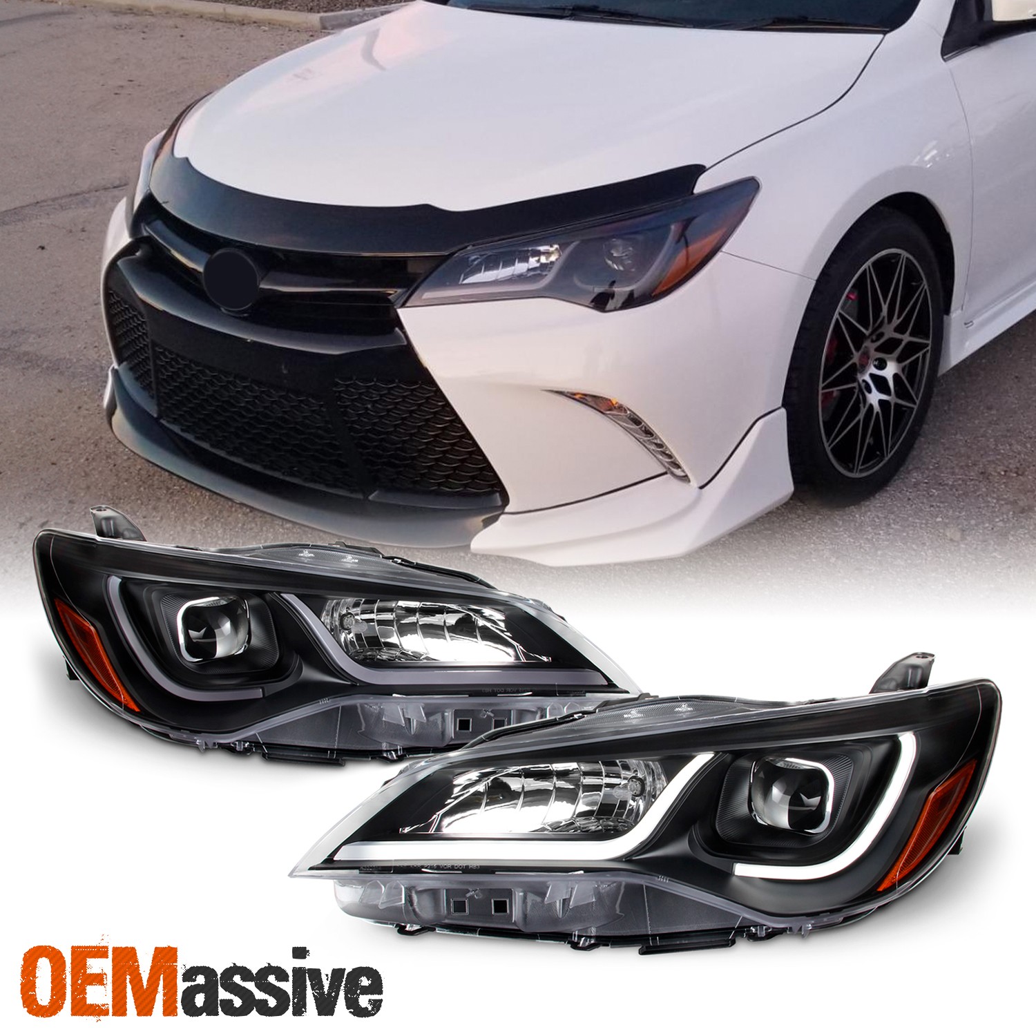 For 15-17 Toyota Camry LED Light Tube DRL Projector Headlights - Black Housing