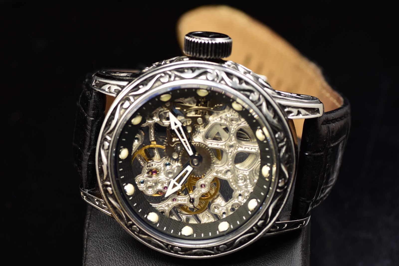 RARE Invicta Vintage Mechanical Black Skeleton Dial Black Tone Men's Watch 52mm
