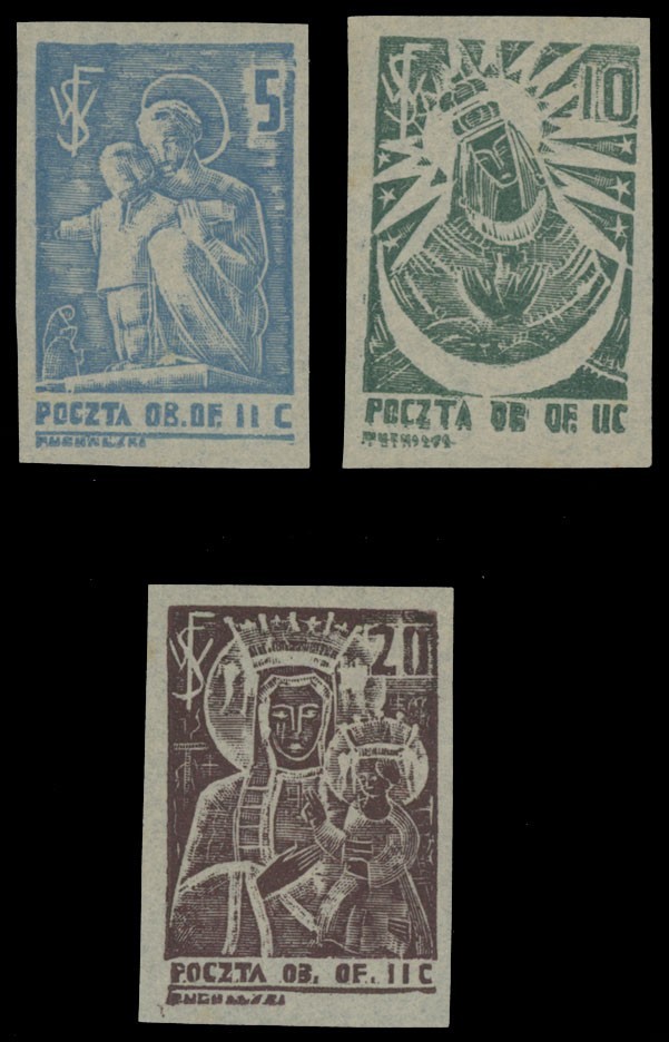 1942, POLAND-LOCAL ISSUES, OBOZ II C WOLDENBERG, MADONNA, SET OF 3, FI.#12x-14x