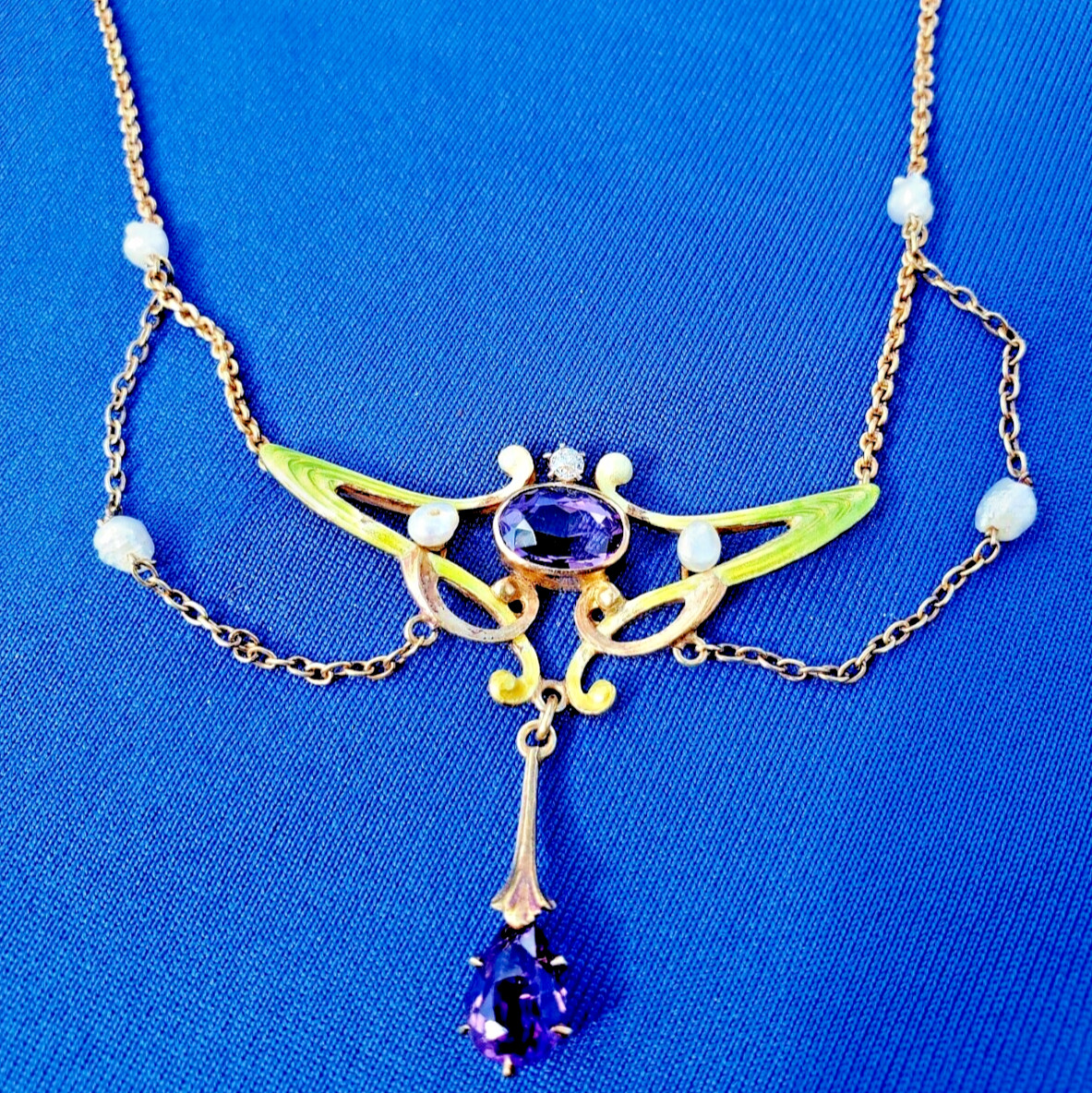 ORIGINAL Diamond Amethyst Nouveau Necklace KREMENTZ Deco Guilloche Enamel 14k