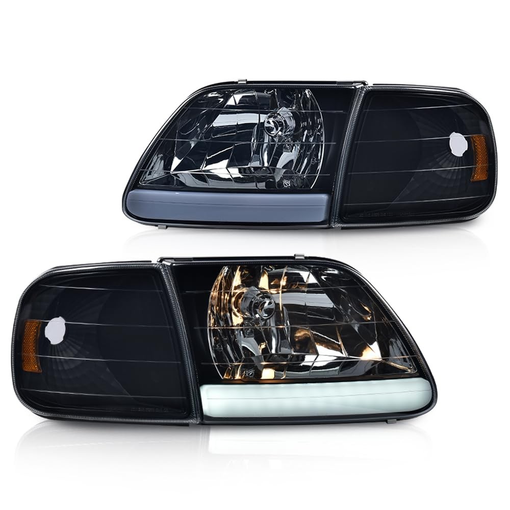 for 97 04 Ford F150 97 99 F250 97 02 Expedition Headlights LED DRL Smoky Black