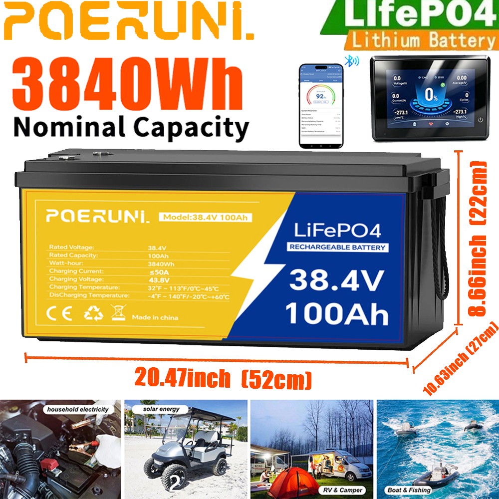 NEW 36V 100Ah LiFePO4 Lithium Battery Built-in BMS w/ LCD Monitor For Golf Cart