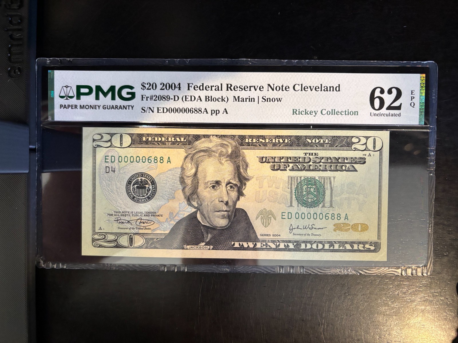 DBR 2004 $20 FRN Cleveland Fr. 2089-D PMG 62 EPQ Low Serial ED00000688A