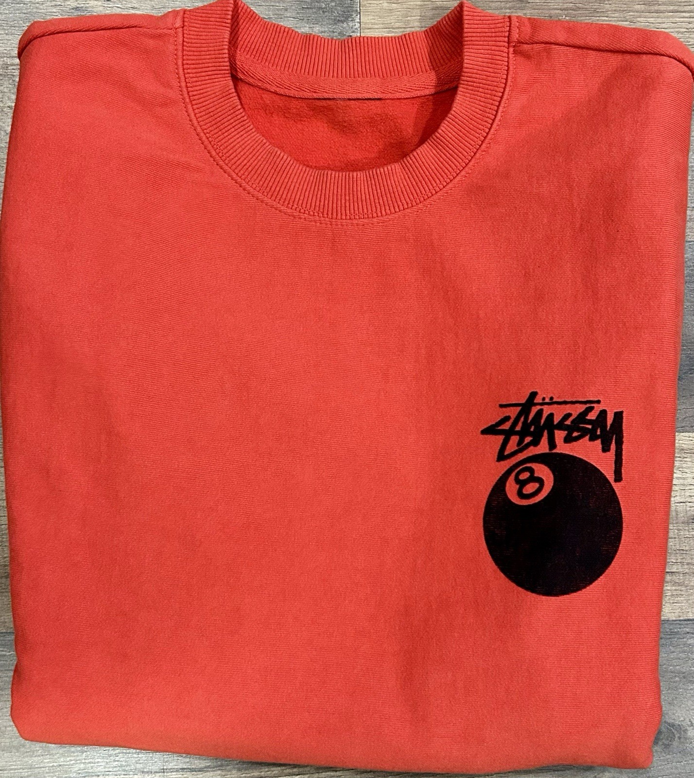 Stussy 8 Ball Logo Red Men\'s Cotton Fleece Crewneck Pullover Sweatshirt (sample) Stussy 8 Ball Logo Red Men\'s Cotton Fleece Crewneck Pullover Sweatshirt (sample)