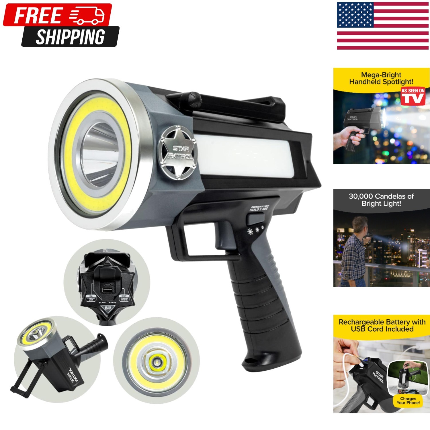 Star Patrol Platinum Mega-Bright Rechargeable Spotlight, AS SEEN ON TV, Tacti...