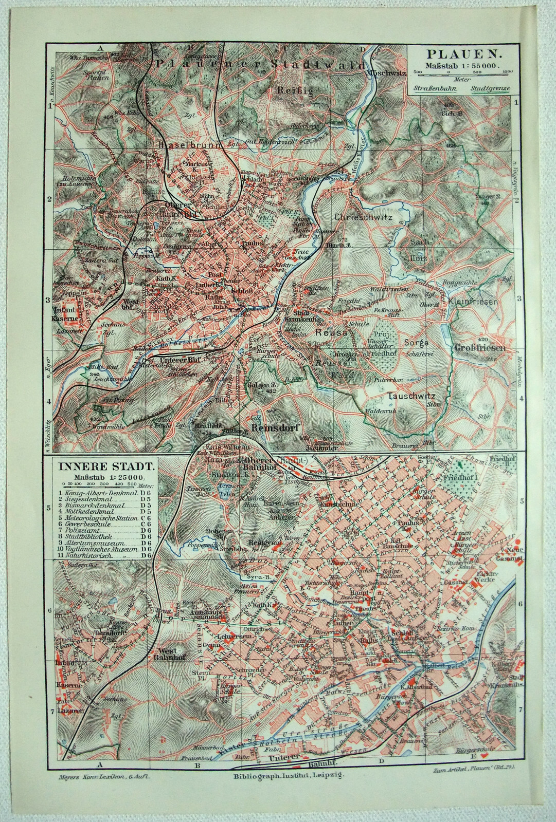 Plauen, Germany - Original 1913 City Map by Meyers. Antique