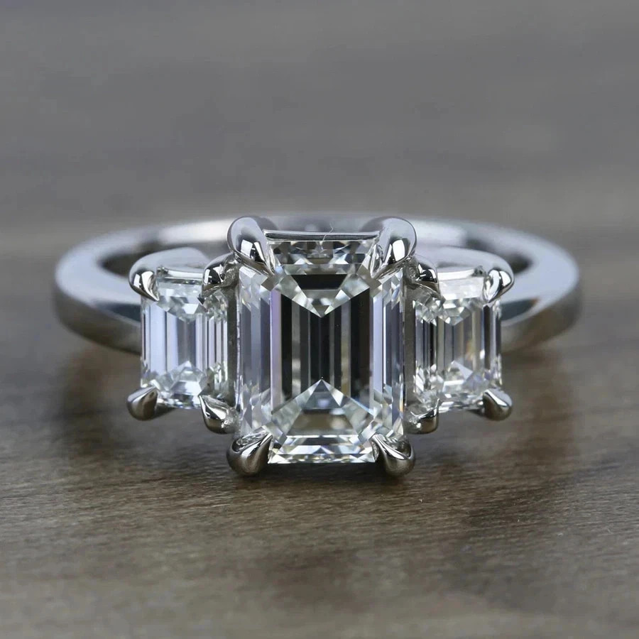 3Ct Emerald Cut Lab Created Diamond Three-Stone Wedding 14K White Gold FN Ring 3Ct Emerald Cut Lab Created Diamond Three-Stone Wedding 14K White Gold FN Ring