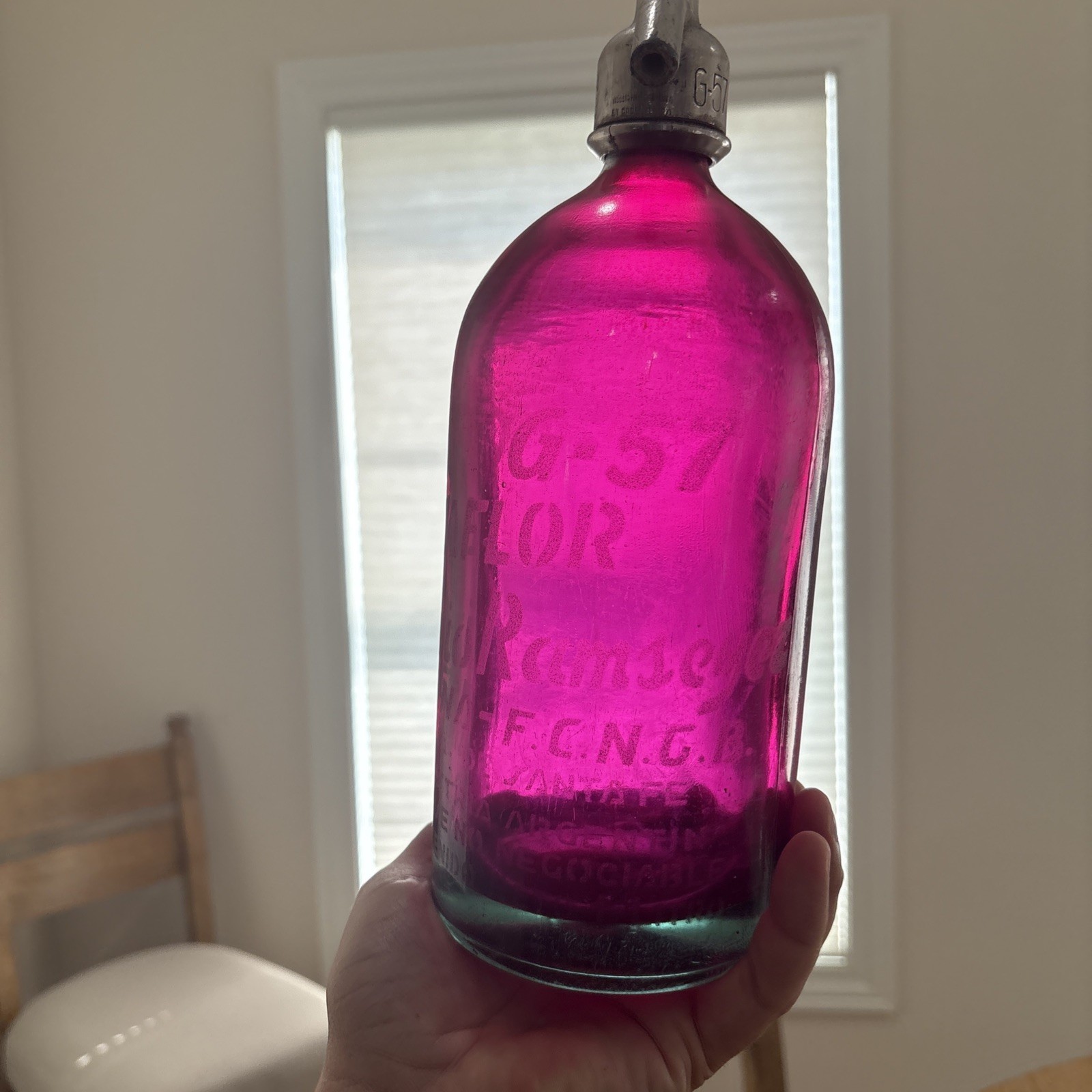 Rare Vintage Soda G-57 Seltzer Glass Bottle Olivio Ramseyer Bev Co. Pink Rare Vintage Soda G-57 Seltzer Glass Bottle Olivio Ramseyer Bev Co. Pink