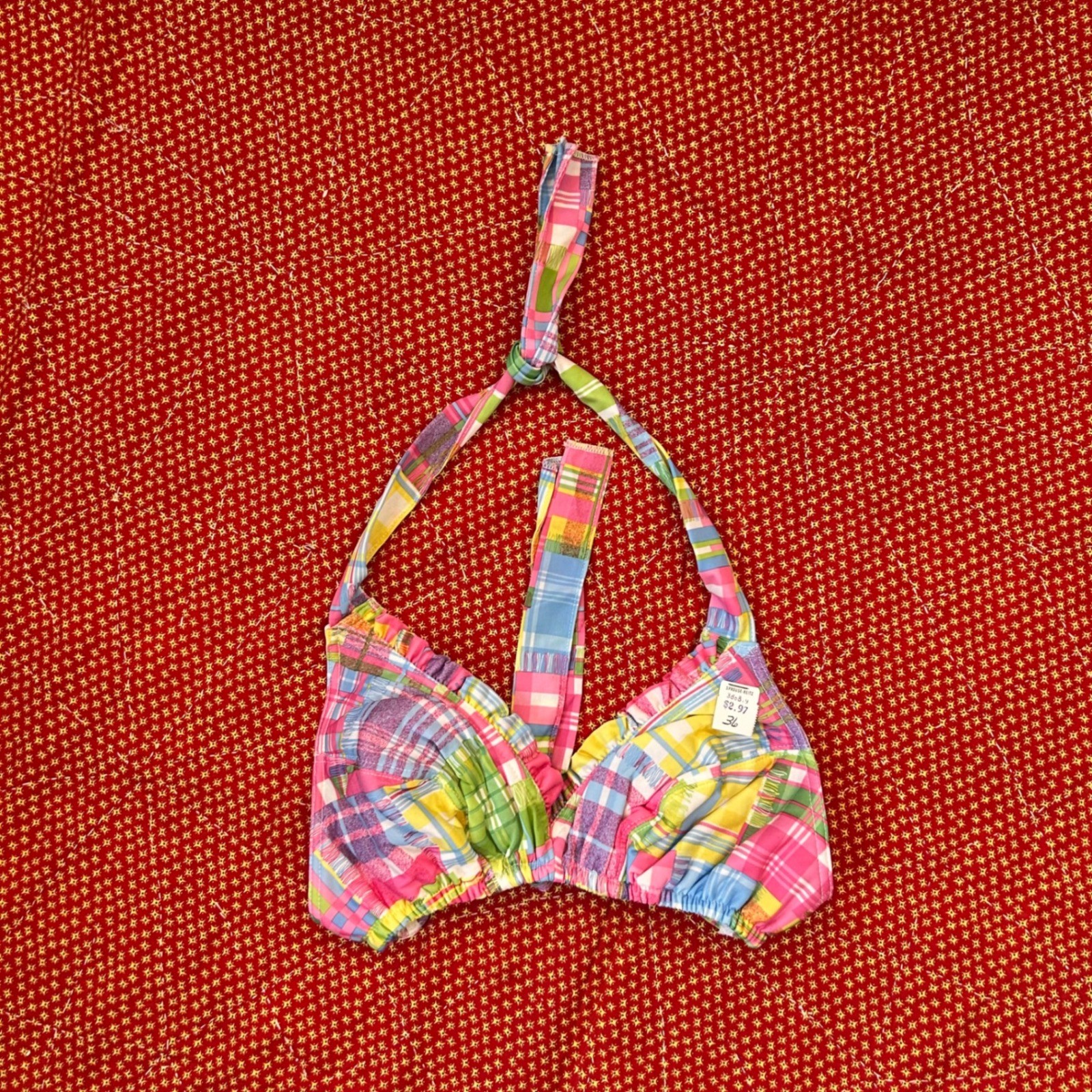 Vintage 70s Deadstock Plaid Patchwork Halter Bikini Top Pink Blue 36 l