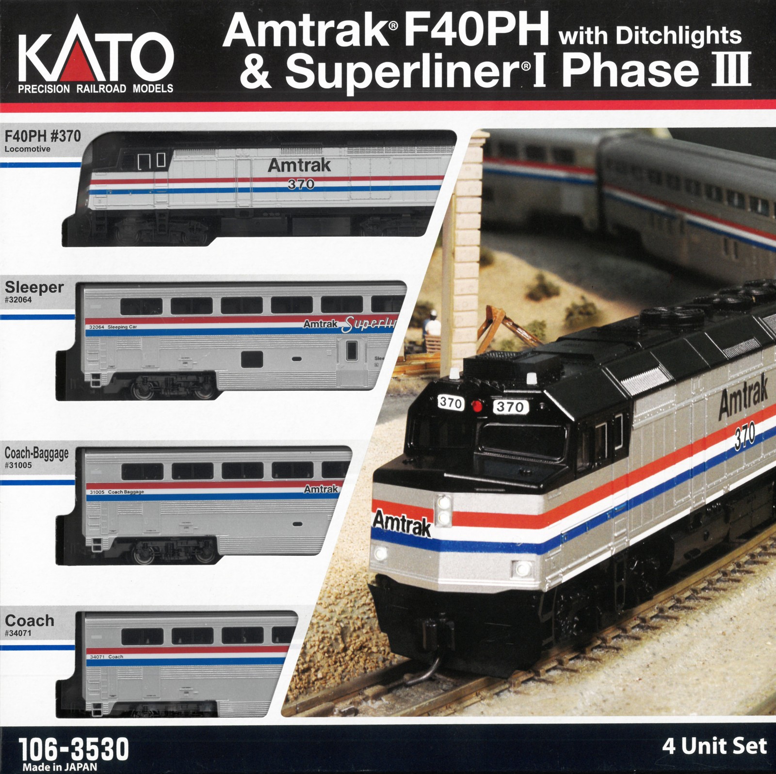 Kato 106-3530-DCC N AMTK F40PH Diesel Loco DCC & Superliner Ph. 3 Pass