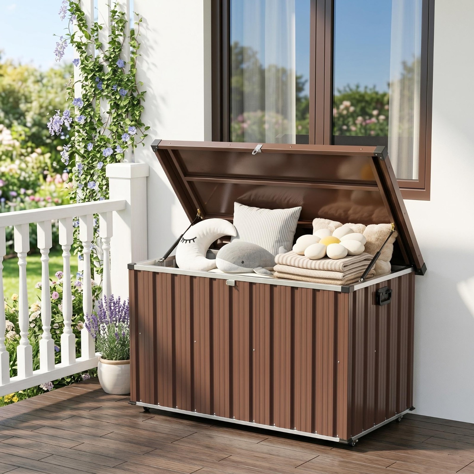 120/150/160/200Gal Metal Deck Box Storage Outdoor with Wheels & Lock Lid