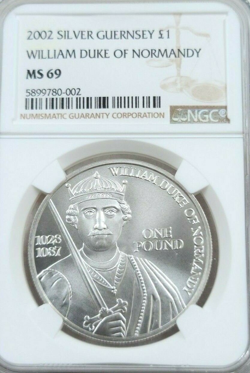 2002 GUERNSEY SILVER 1 POUND WILLIAN DUKE OF NORMANDY NGC MS 69 SCARCE BEAUTY
