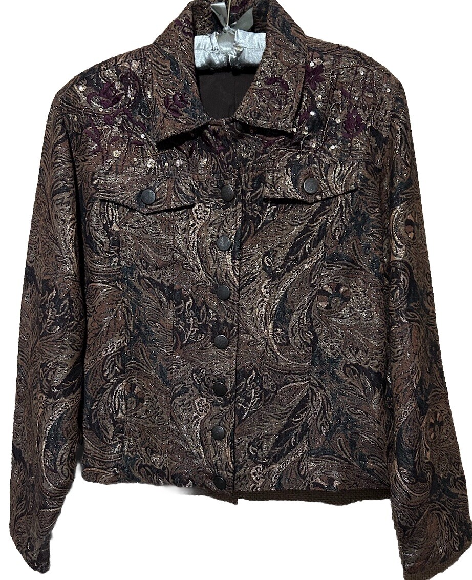 Chicos Jacket 2 Brown Metallic Brocade Fall Winter Colors Lightweight Blazer Chicos Jacket 2 Brown Metallic Brocade Fall Winter Colors Lightweight Blazer