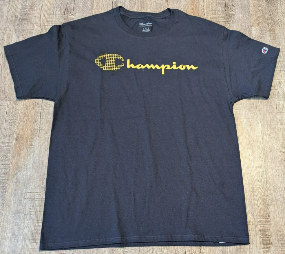 Champion T-Shirt Mens Size L | Navy Blue Yellow Logo Graphic | 100% Cotton Tee