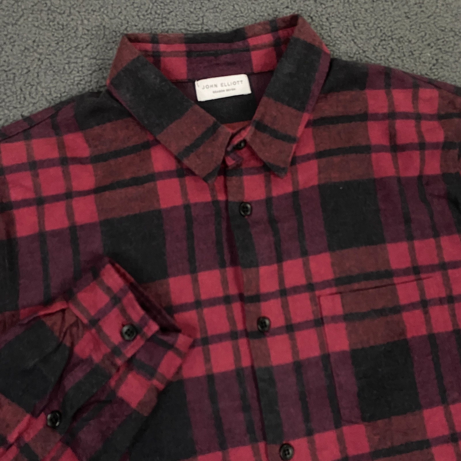 John Elliott Shirt Men XL, 4 Red Buffalo Plaid Brushed Soft Flannel Season Seven