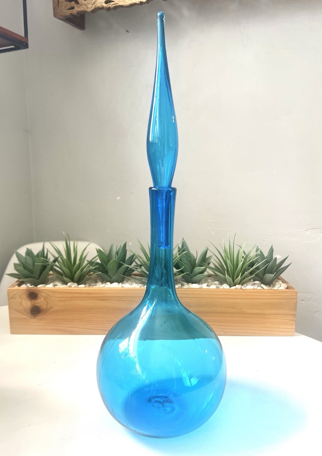 Vintage MCM Blenko Glass 627L Decanter In Turquoise 18” W/flame Stopper 