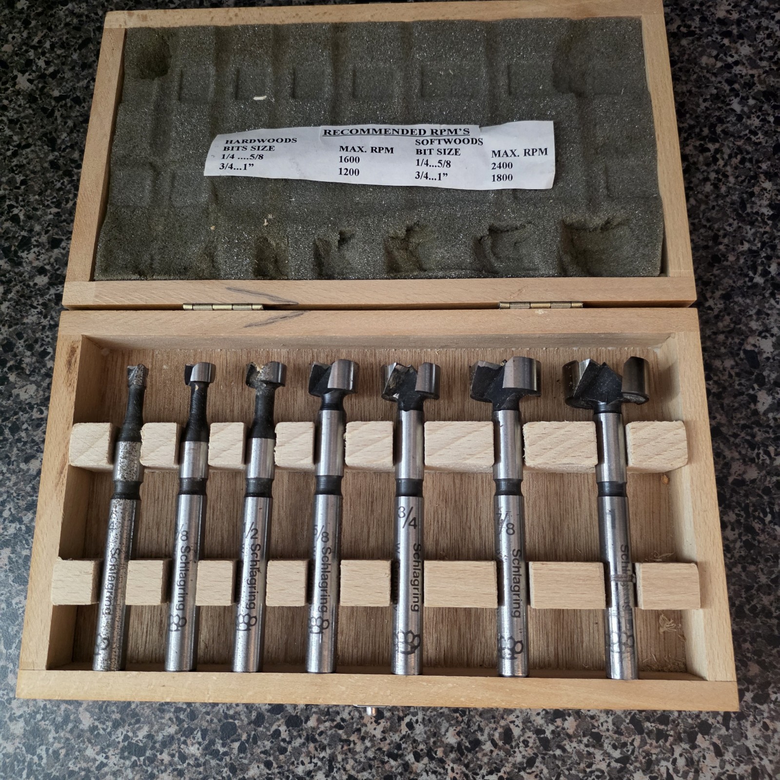 Vintage Schlagring Forstner Drill Bit Set 1/4-1 In 7 Pc West Germany w/ Case