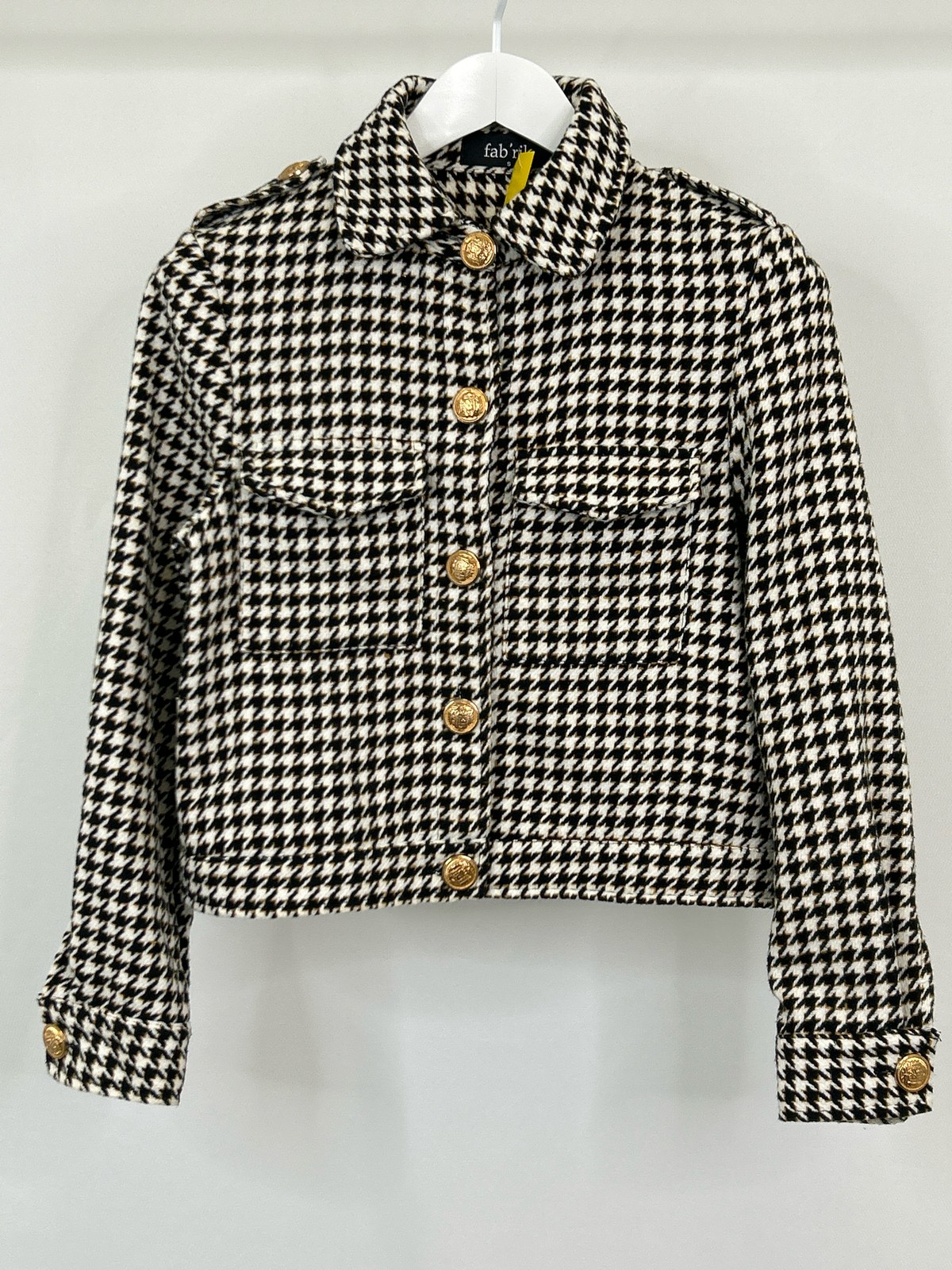FAB\'RIK Size S Black & White Houndstooth Gold Buttons Classic Crop Women Jacket