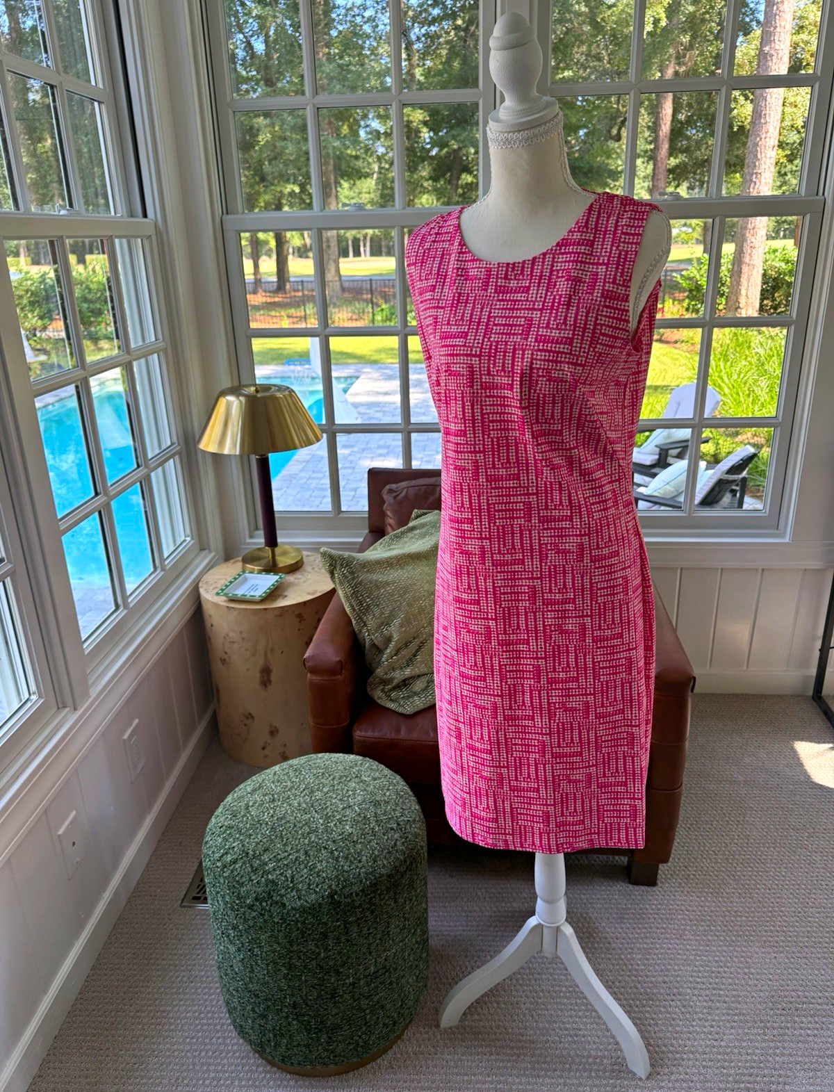 J.McLaughlin Pink/White Geometric Knit Sheath Dress Scoop Neck Zip Knee M