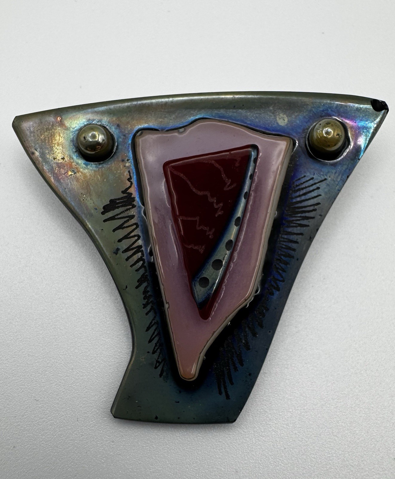 Vintage MARK RUSSELL JR Signed Studio Art Glass Brooch Modernist Geometric