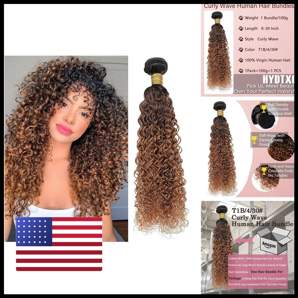 Hydtxc Single Curly Wave Hair Bundles 20 Inch Ombre Chocolate Brown Honey Brown