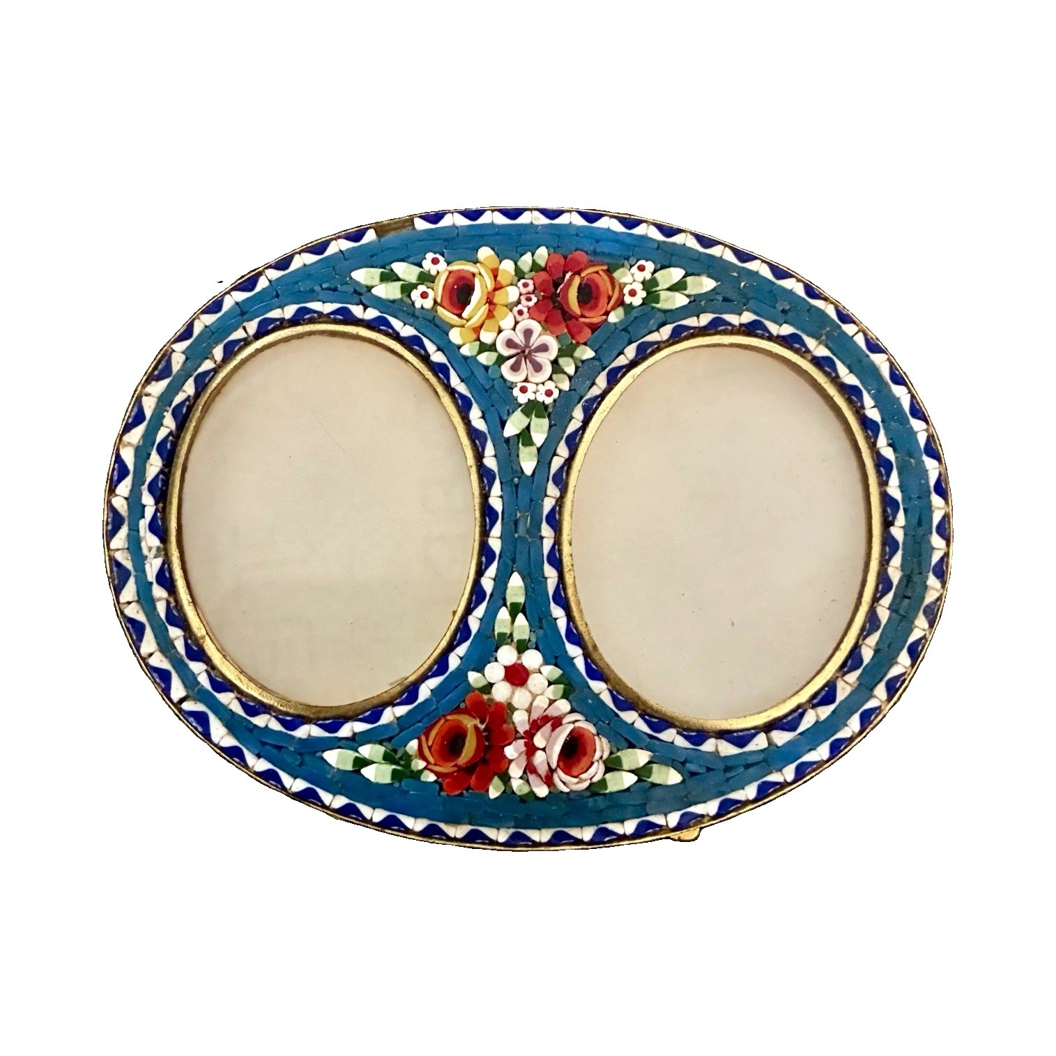 Vtg Italian Micro Mosaic Picture Frame Double Oval Millefiori Glass Floral-READ