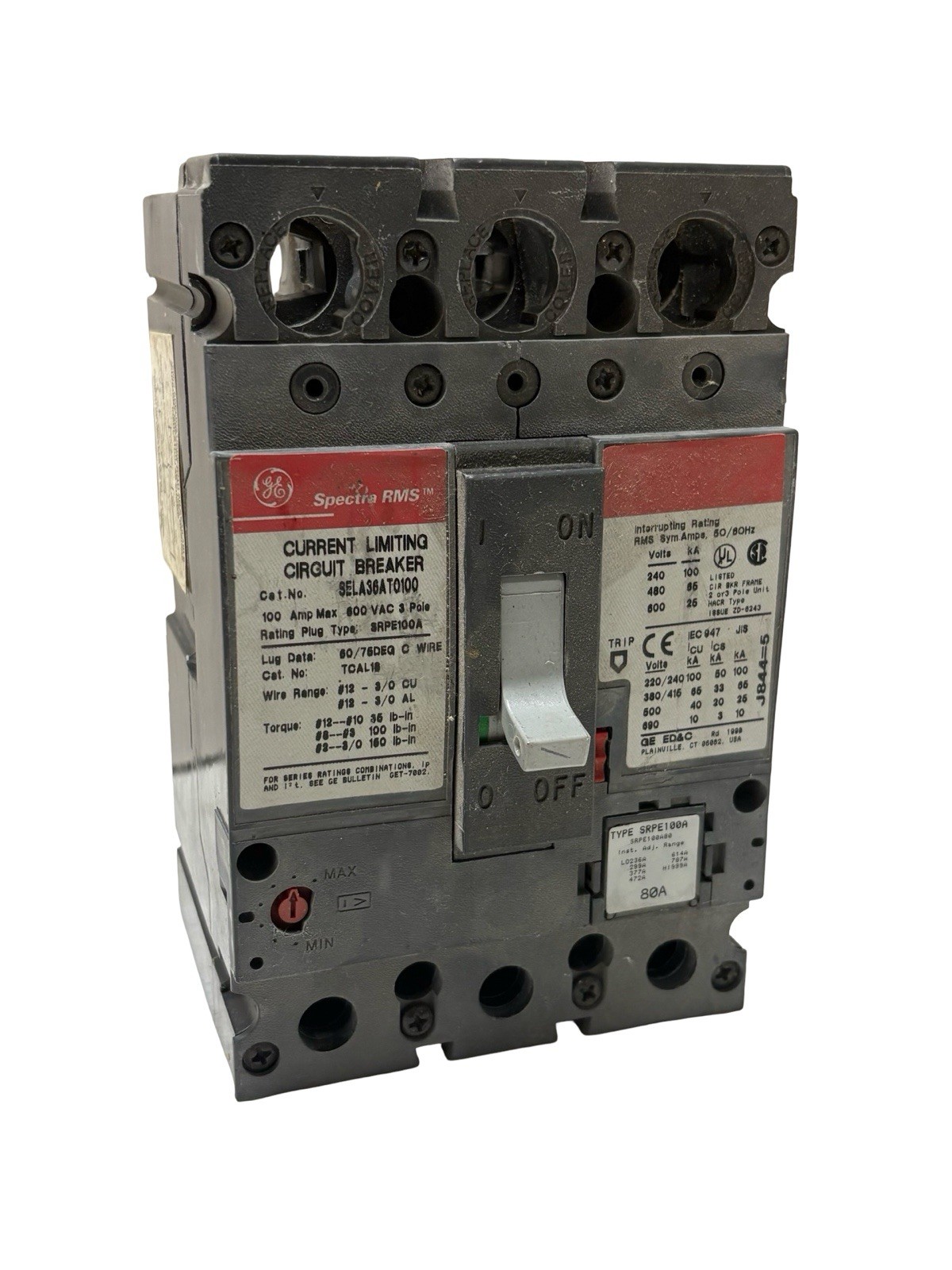 GE SELA36AT0100 Spectra RMS Circuit Breaker 100 Amp 3-Pole - Burnt Lug - W/ Plug GE SELA36AT0100 Spectra RMS Circuit Breaker 100 Amp 3-Pole - Burnt Lug - W/ Plug