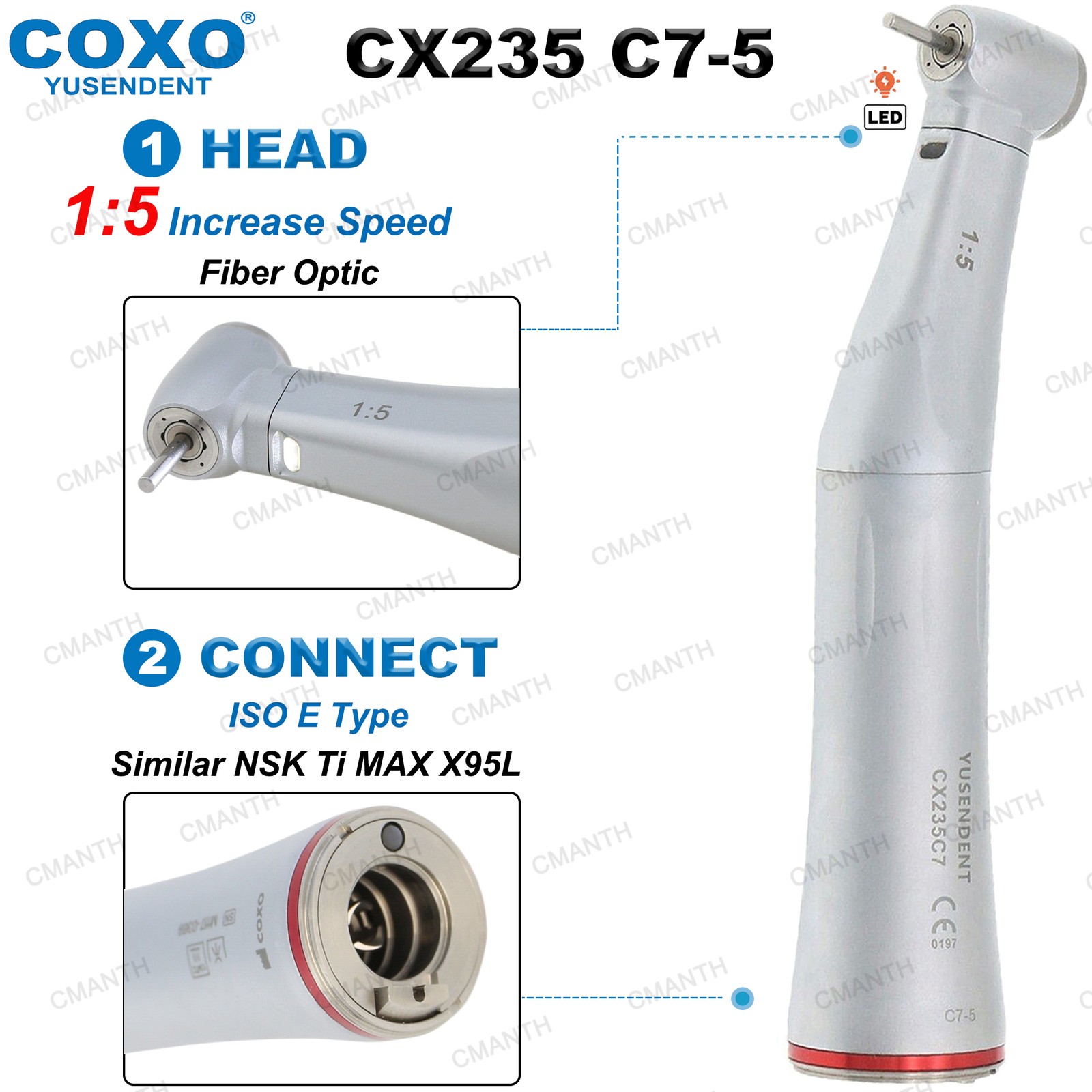 US COXO Dental Electric Handpiece Fiber Optic Contra Angle 1:5 Increasing Speed