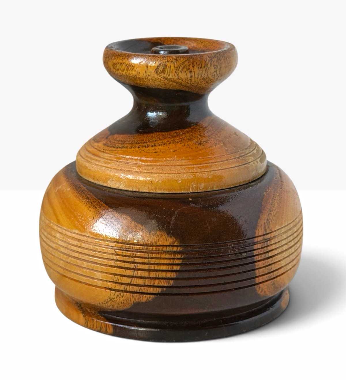 Vintage Turned Wood Lidded Jar Handcrafted Carved Amber Brown Decorative Vessel