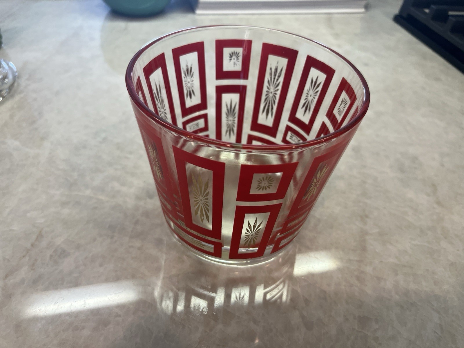 Vtg MCM Hazel Atlas Glass Ice Bucket Clear Glass Red And Gold Atomic Design