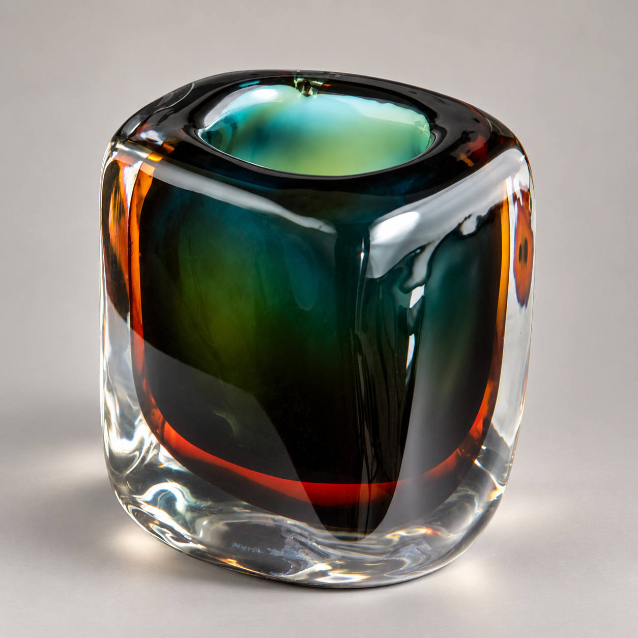 New Flavio Poli Style Sommerso Art Glass Vase in Blue Green Amber 8\