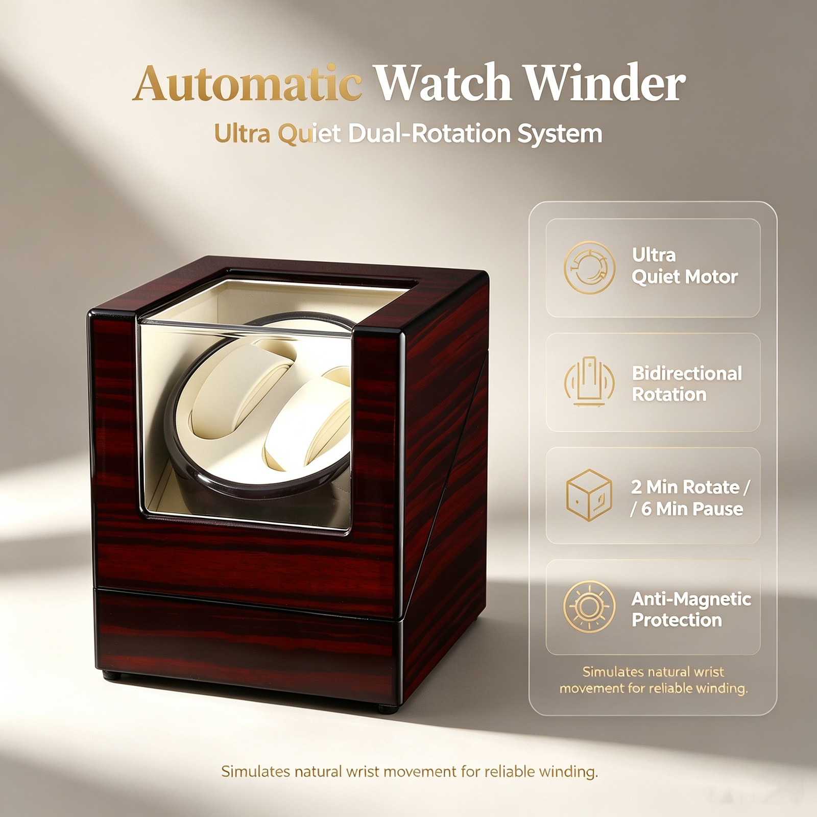 Wooden Automatic Watch Winder Box Bidirectional Rotating Watch Storage Display