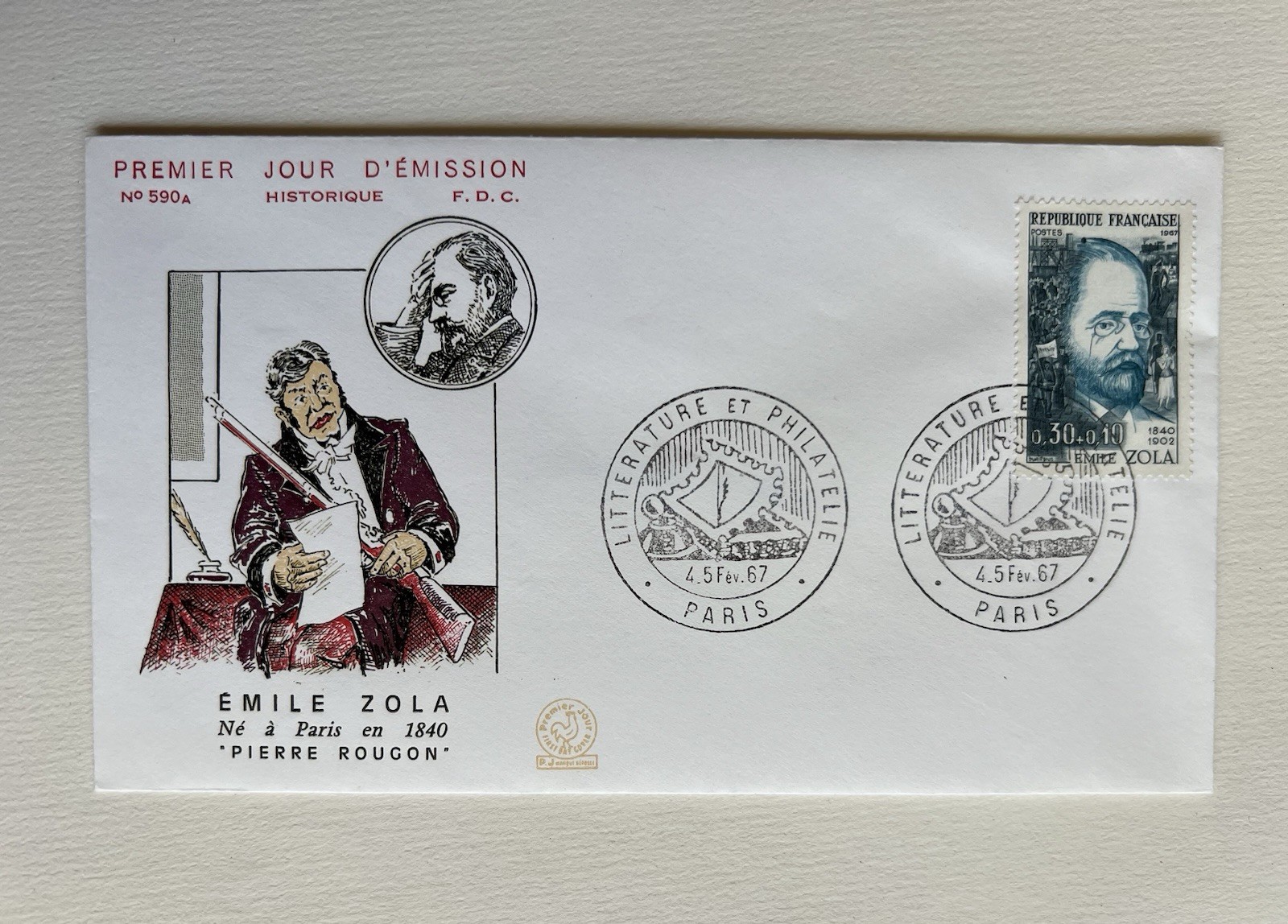 France First Day Cover FDC 1967 Emile Zola Literature Pierre Rougon Cachet Art