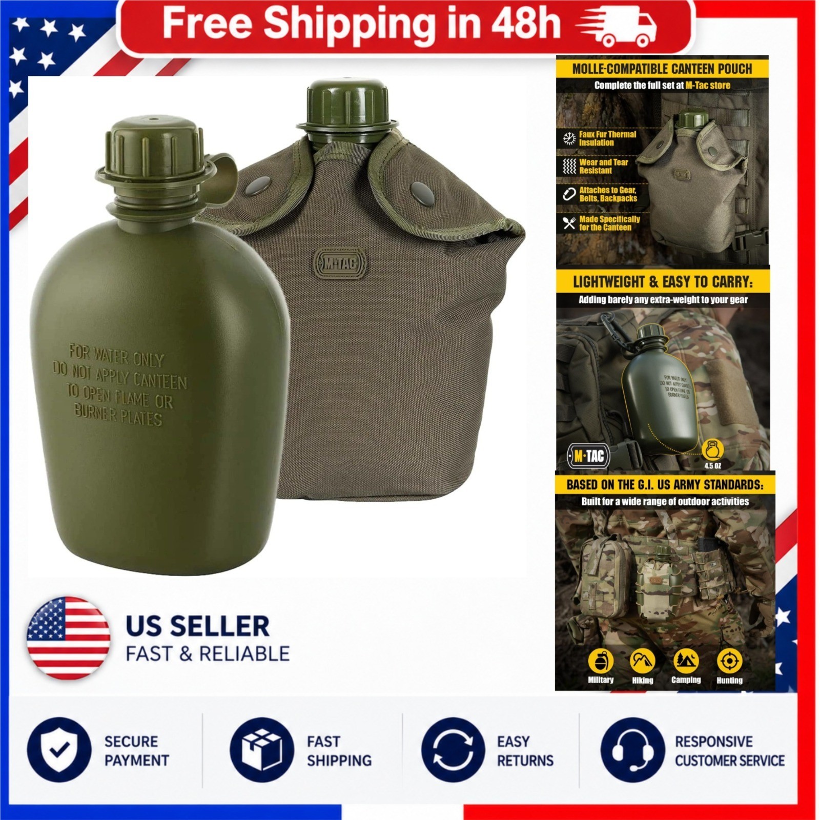 M-Tac Tactical Canteen Water Bottle 1L 34oz BPA-Free Military Hiking