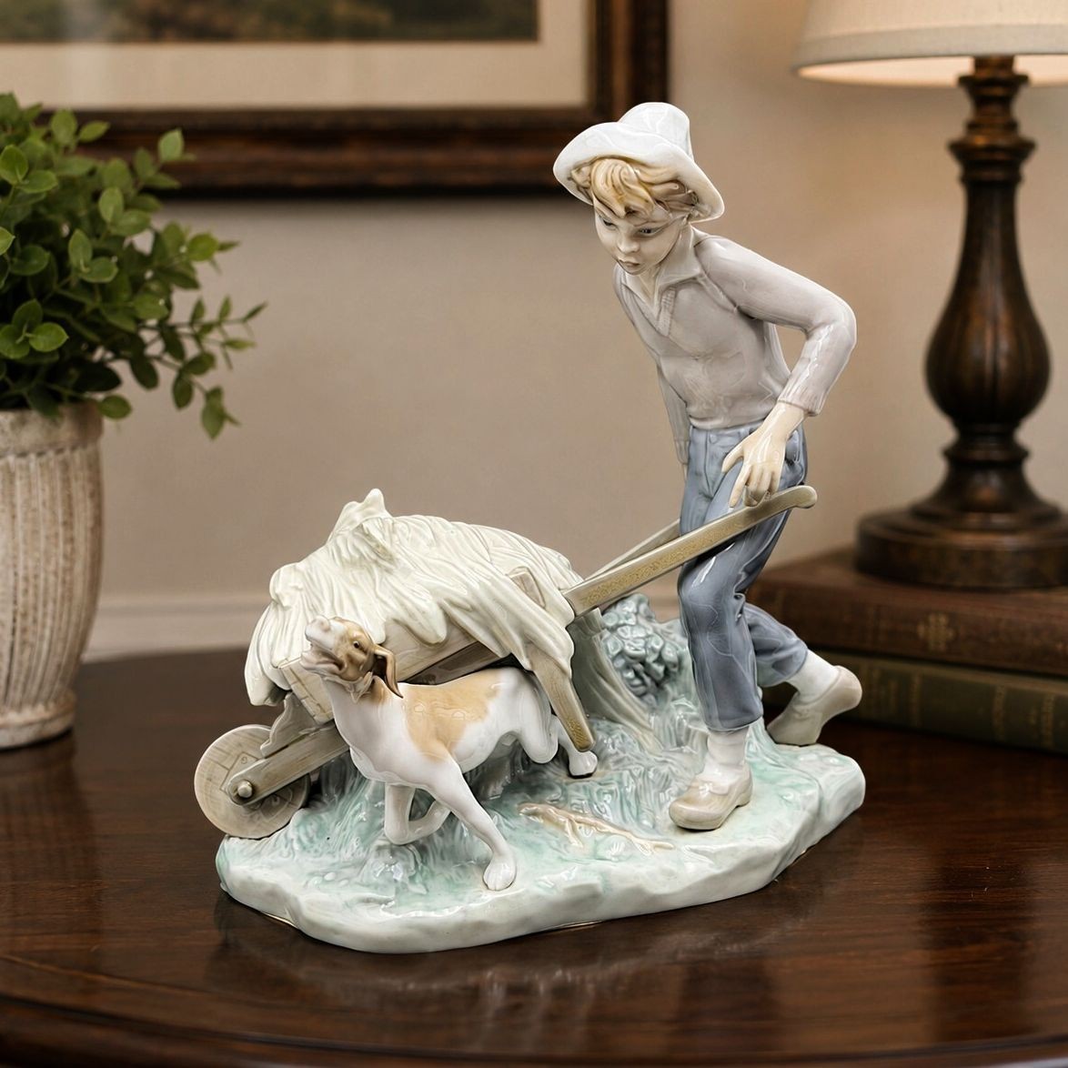Vintage Lladro Spain Boy with Wheelbarrow Hay & Dog Porcelain Figurine 9\