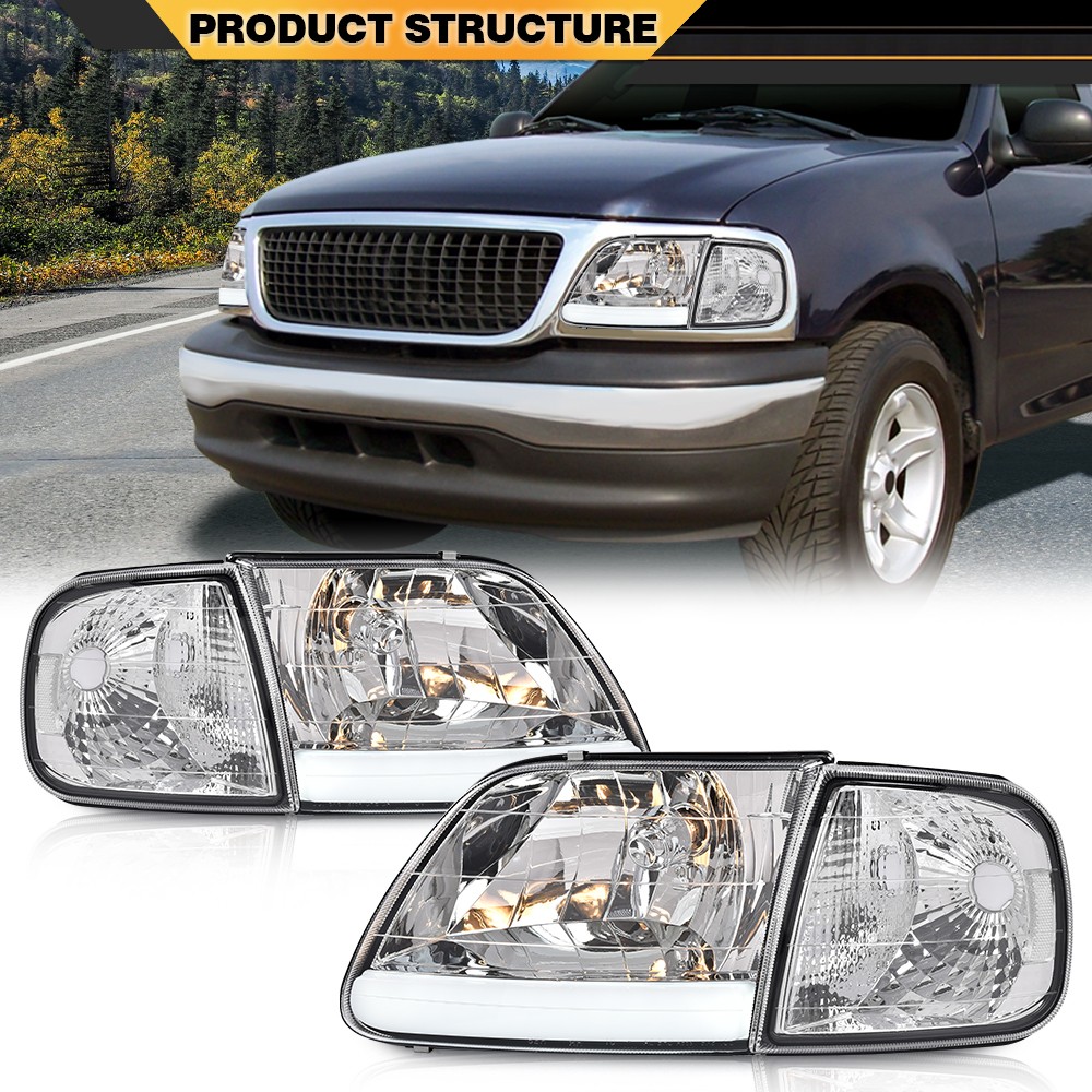 For 1997-2003 Ford F150 F250 Clear Lens Chrome Headlight Assembly Parking Lights