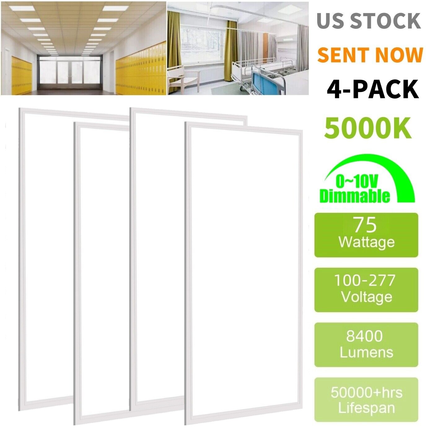 4 Pack 2x4 LED Recessed Troffer Panel 75W Light 8400 Lm 5000K White Frosted Lens