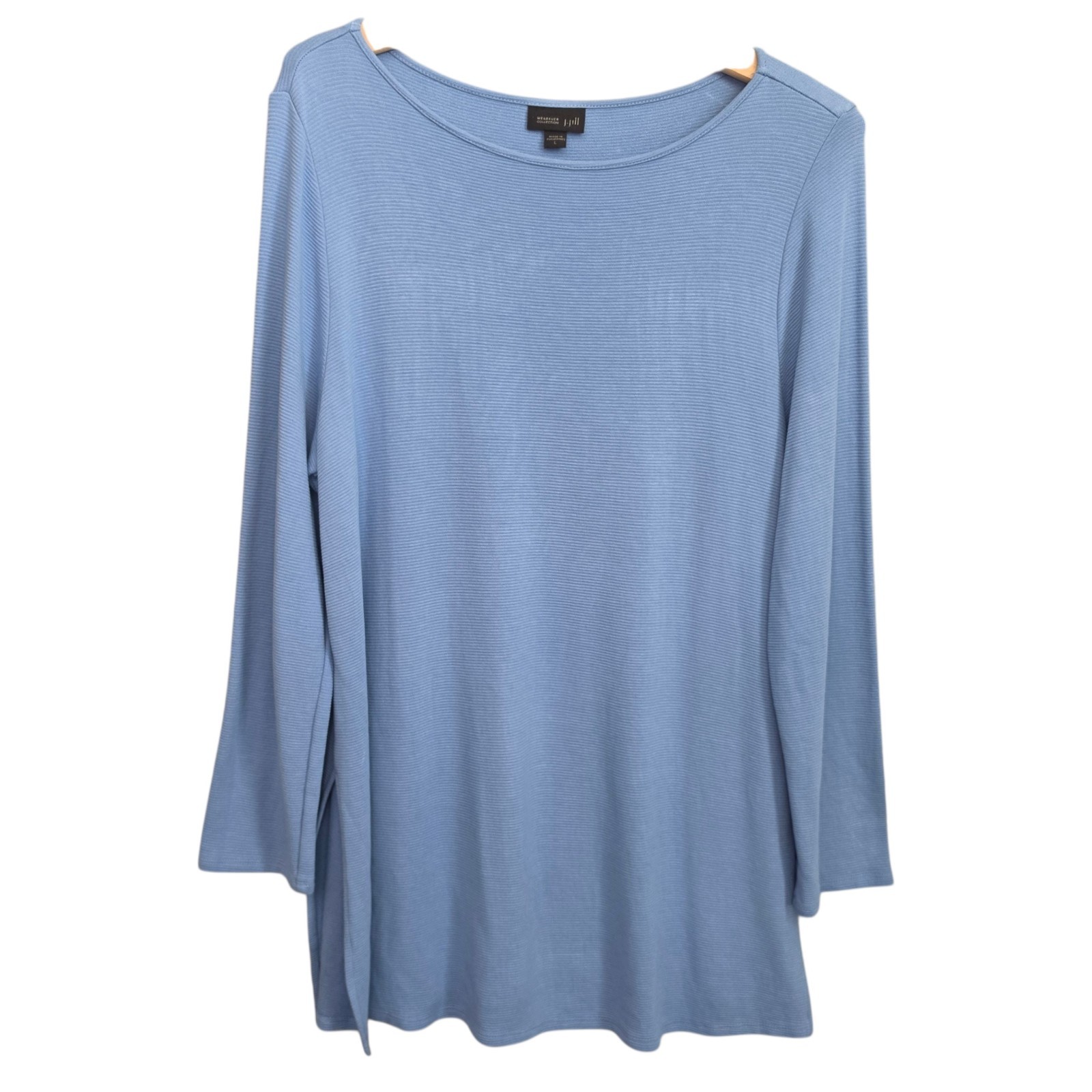 J Jill Top Womens Large Blue Wearever Tunic Ribbed Knit Boat Neck Side Slit