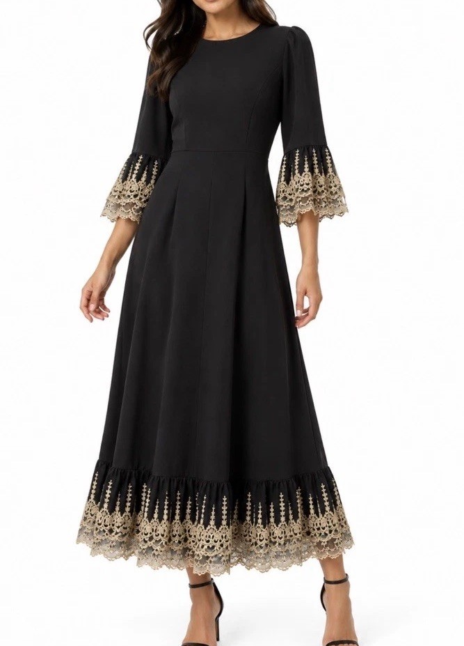 Tuckernuck Pomander Place Lillith Dress Women’s M Black Gold Lace Midi