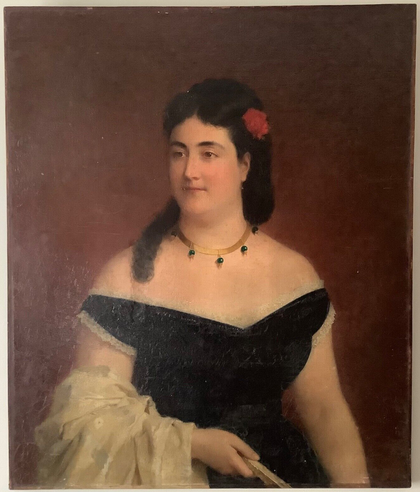 Antique 1800s Oil Painting Portrait Young Woman Black Dress Red Flower Necklace