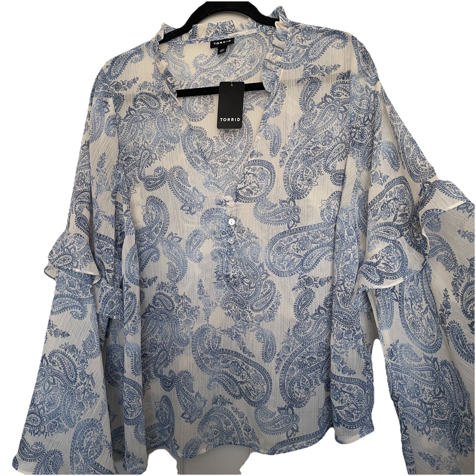 Torrid Womens Chiffon V-Neck Ruffle Top Sz M/L Bell Sleeve Minimalist Fairy NWT