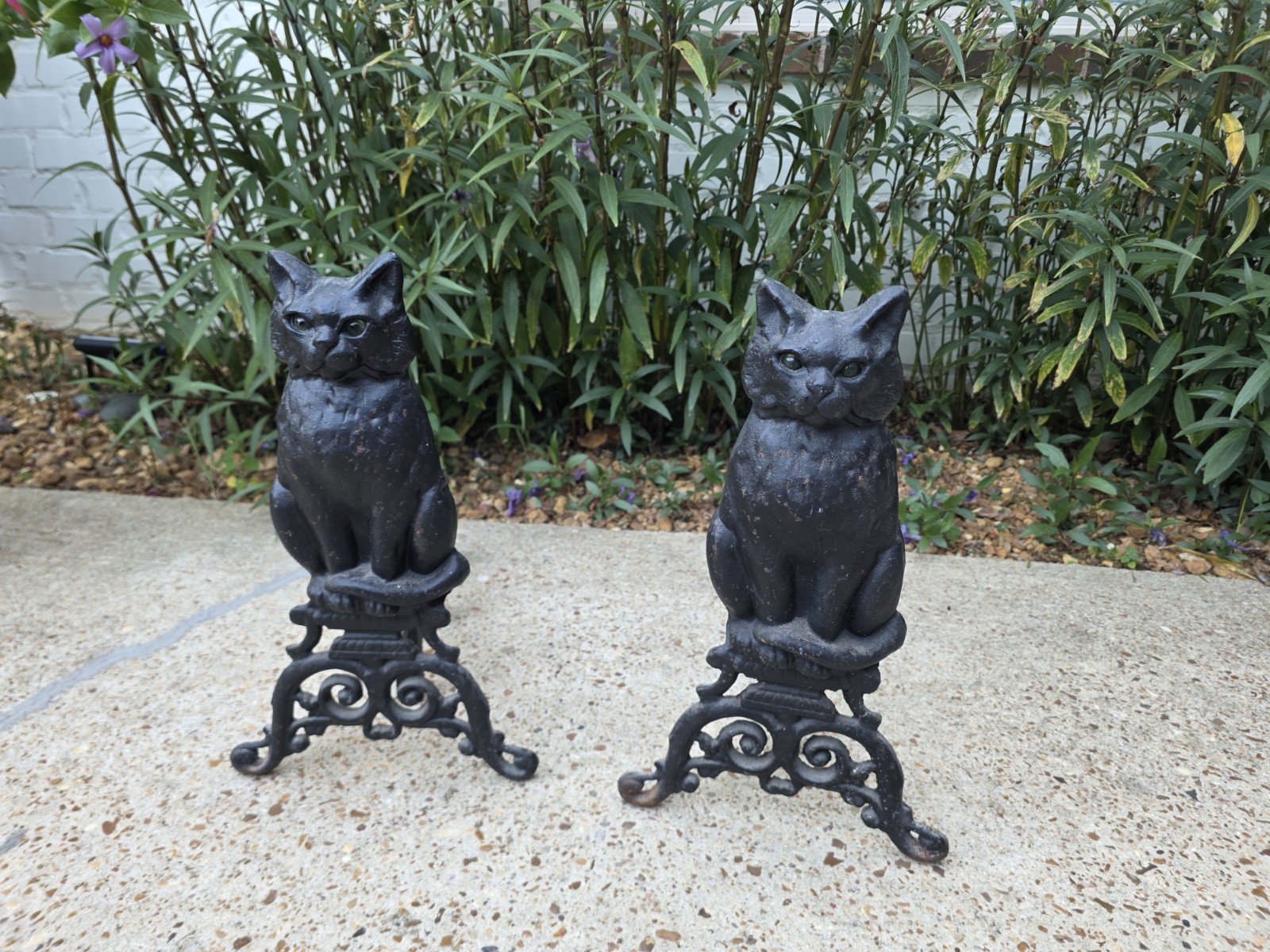 Antique Cast Iron Cat Andirons Fireplace Pair With Regular Marble Eyes GLOWS