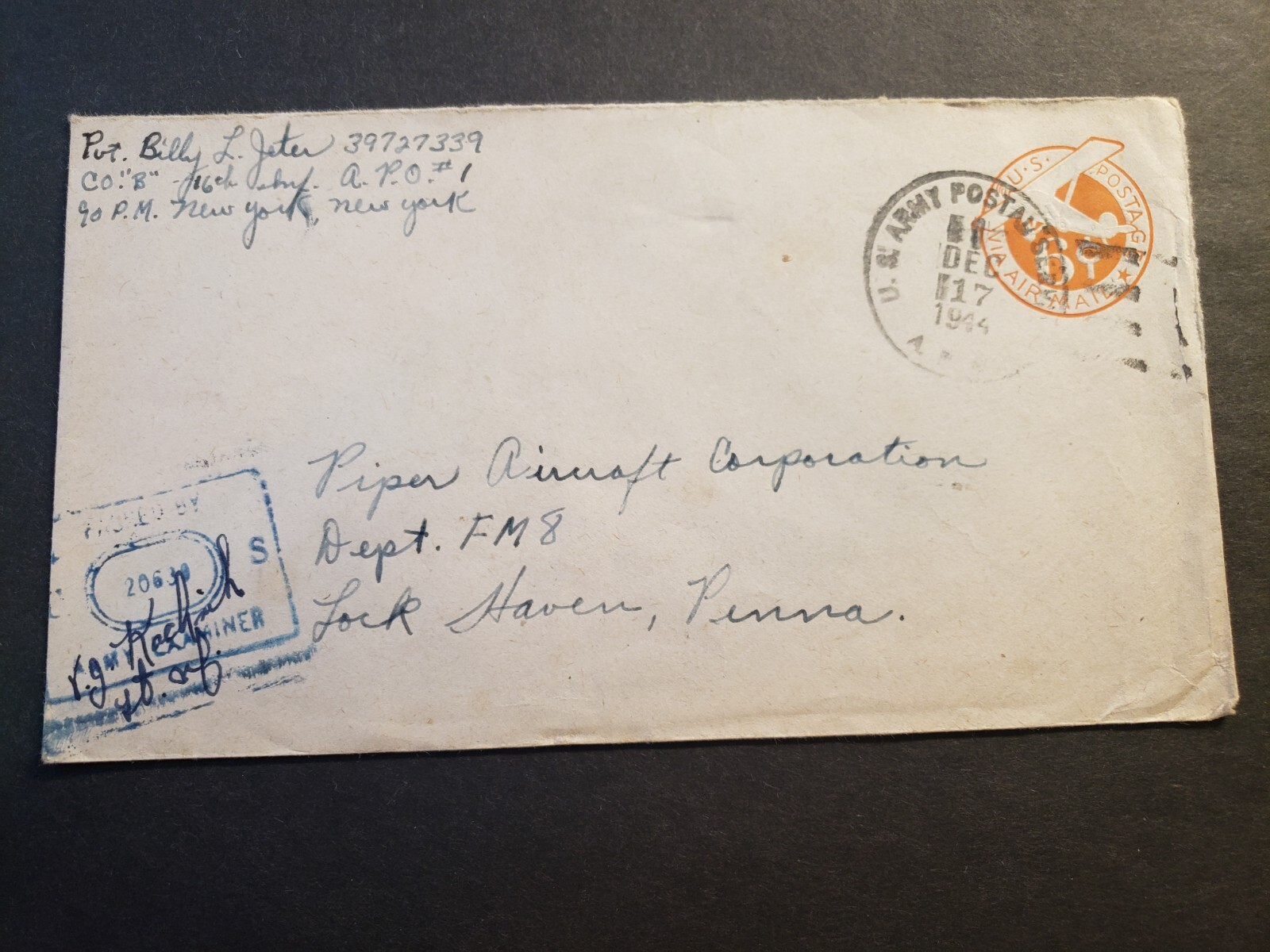 APO 1 HERVE, BELGIUM, ETO Censored 1944 WWII Army Cover 16th Infantry